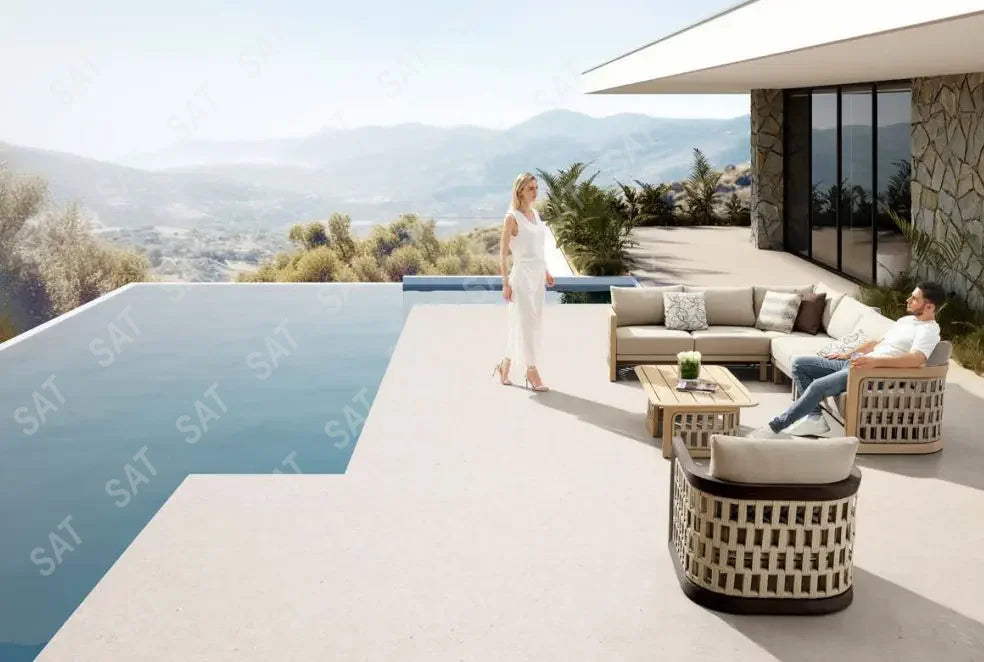 Hot Sales Outdoor Luxury Terrace Set Rope Weave Natural Teak Wood Sofa With Combination Of Strapping Patio Garden And Cushion V