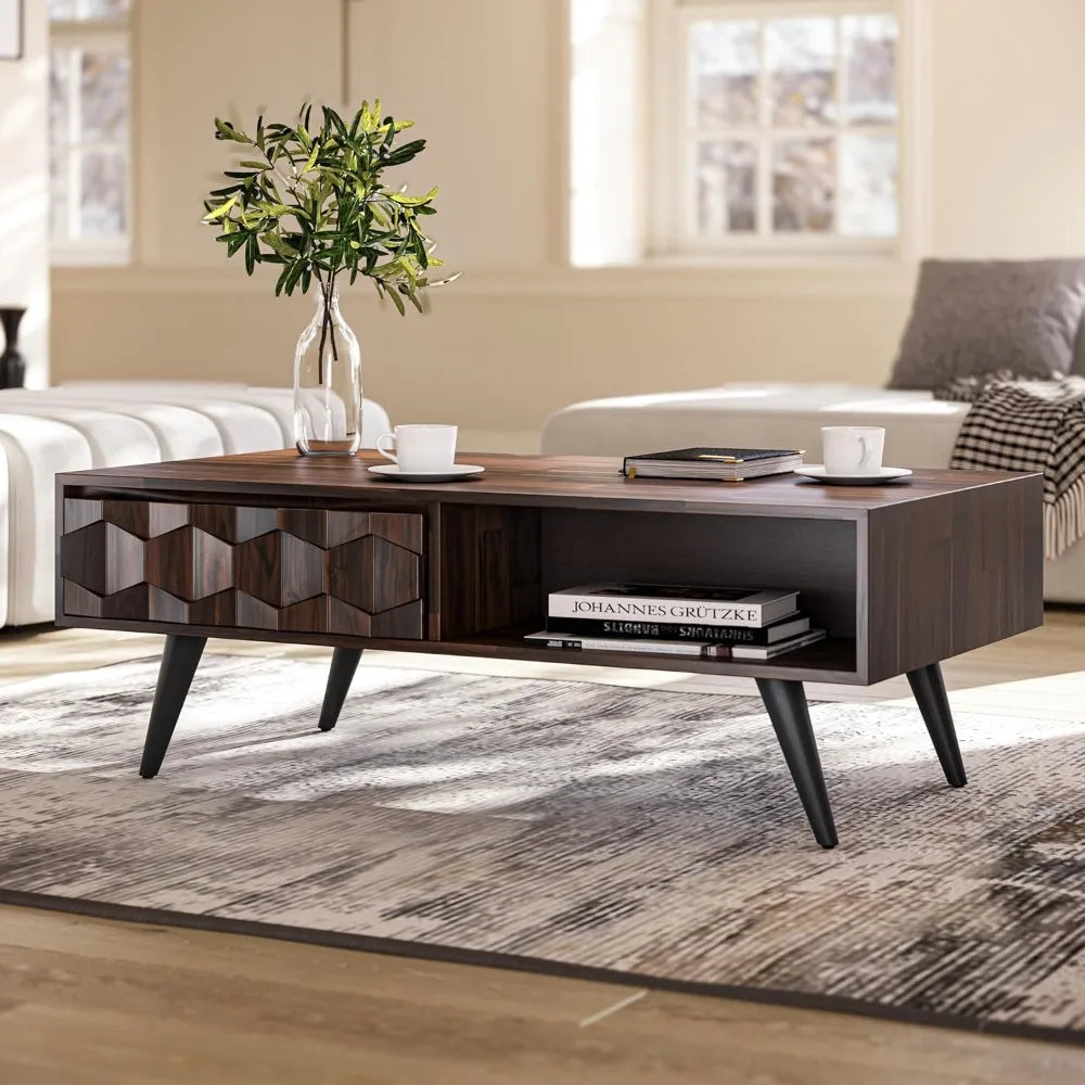georgina solid wood coffee tables for living room, coffee table mid century modern with 2 symmetrical storage drawers & geometr