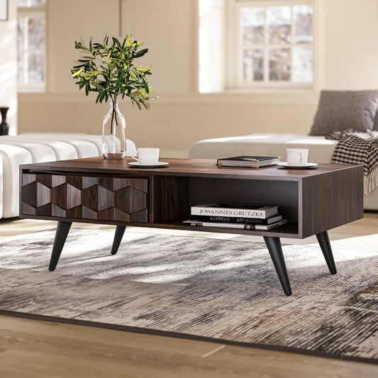 georgina solid wood coffee tables for living room, coffee table mid century modern with 2 symmetrical storage drawers & geometr