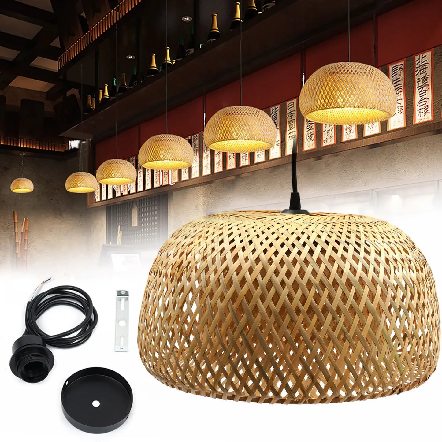 Vintage Bamboo Wicker Rattan Shade Pendant Light Hanging Ceiling Lamp Fixture Chandeliers