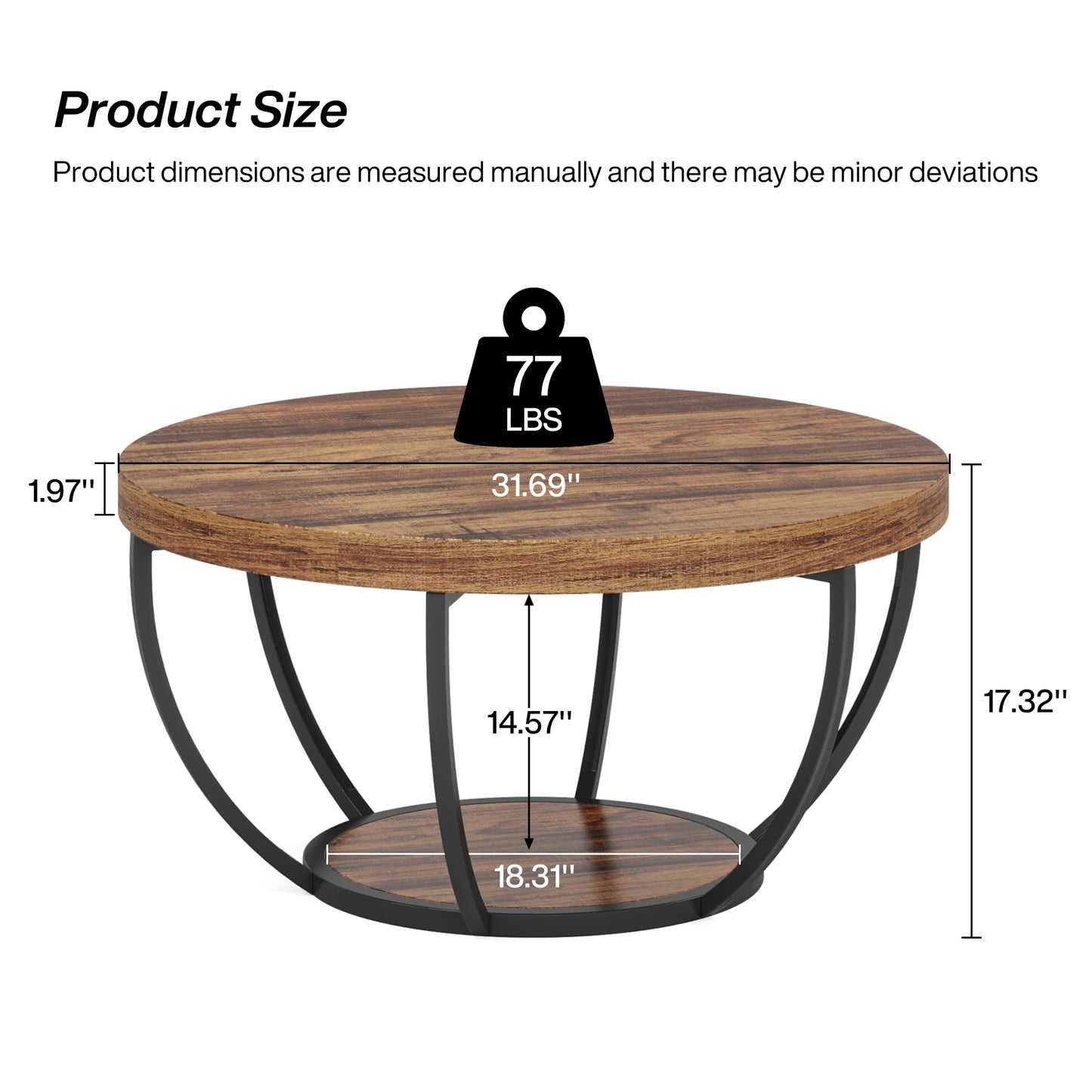 Round Coffee Table with Storage Shelves - 31.7" Industrial 2-Tier Circle Table