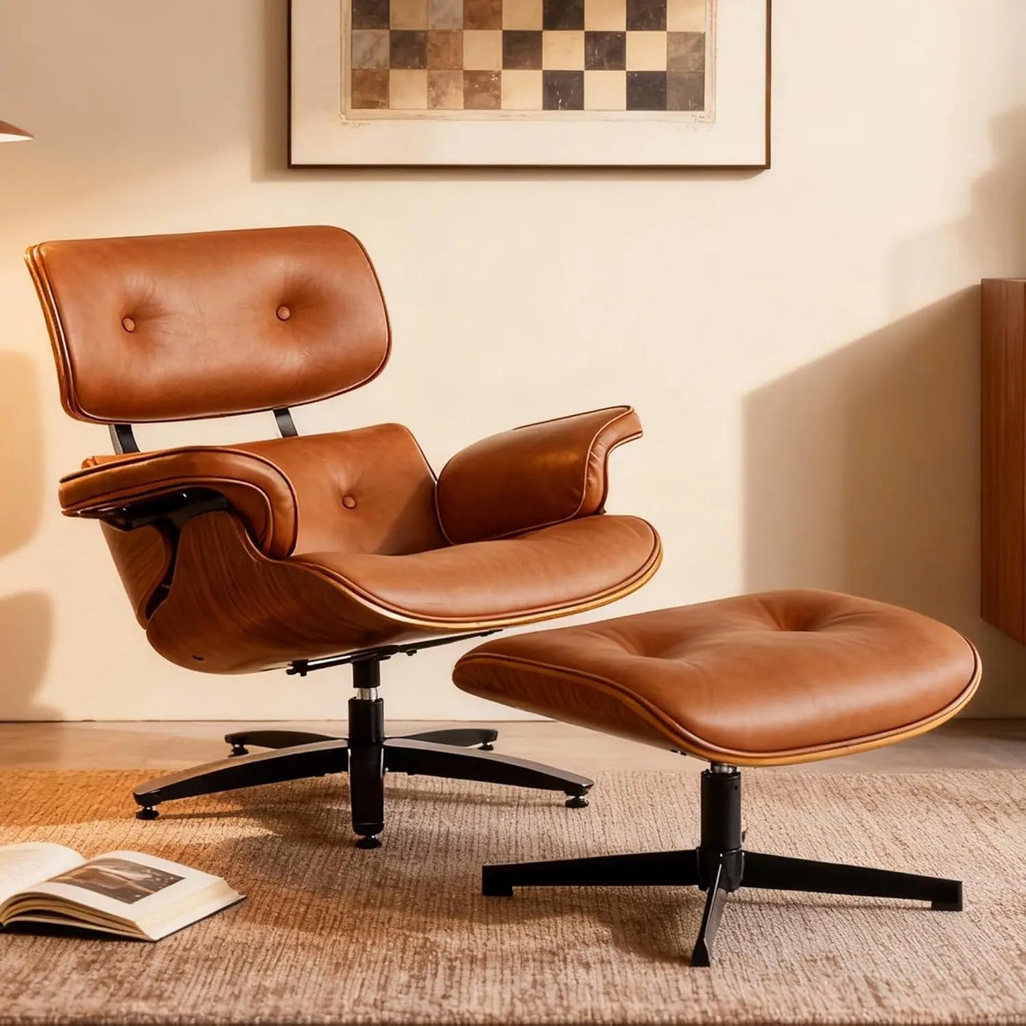 Mid-Century Modern Lounge Chair and Ottoman Set, Classic PU Leather Upholstery, Walnut Wood Trim, 360° Swivel, Ergonomic