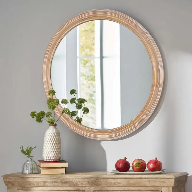 Round Wood Framed Wall Mirror with Ribbed Detail, 23.62" Natural Circle Mirror for Bathroom, Bedroom, Entryway, Coastal &