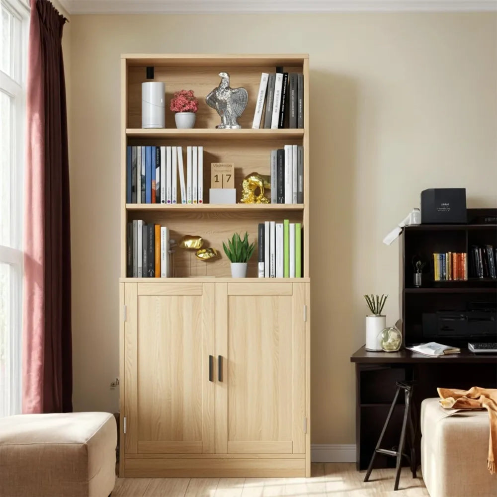 5-Tier Tall Bookcase with Doors - Wood Display Shelf, 75"