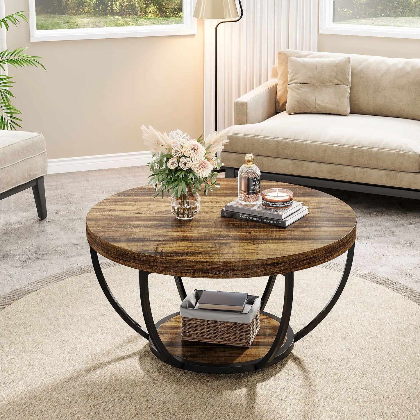 Round Coffee Table with Storage Shelves - 31.7" Industrial 2-Tier Circle Table