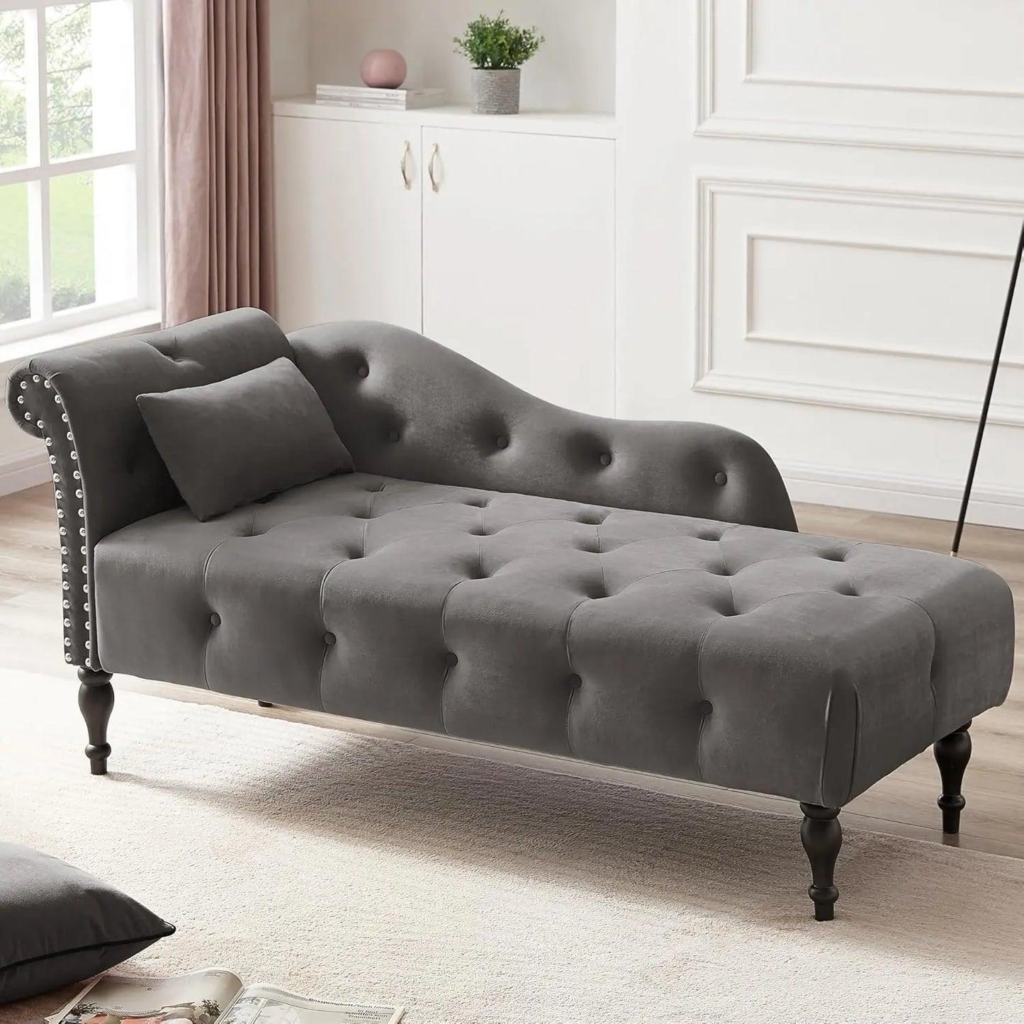 Modern Velvet Upholstered Chaise Lounge Indoor Button Tufted Chaise Lounge Chair with Solid Wood Legs Single Sleeper Sofa
