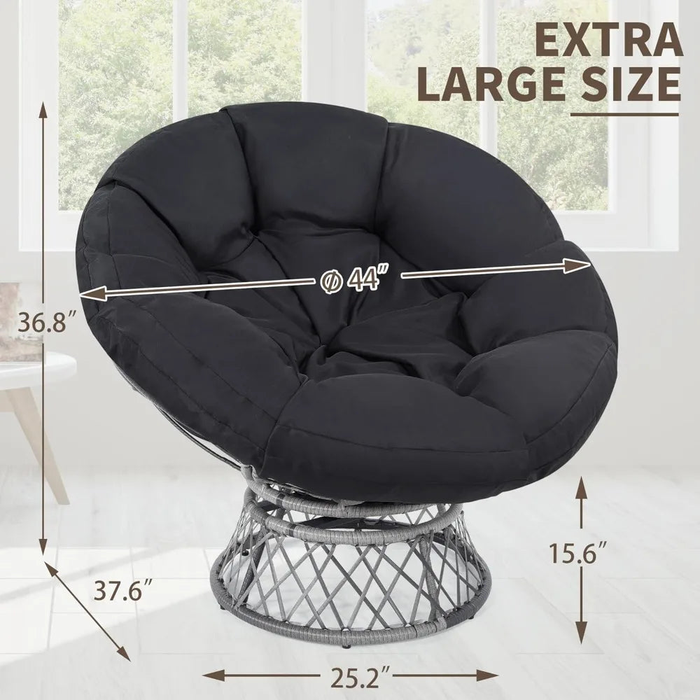 Oversized Rattan Papasan Chair with Cushions - 46" Swivel Adult Chair with Gray Frame and Black Cushions