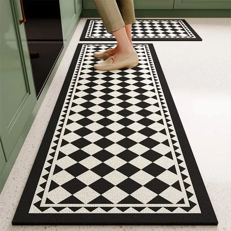 Mat for Kitchen Carpet Waterproof PVC Long Floor Mats Leather Oil Proof Anti-slip Carpets Black White Plaid Home Decoration Rug