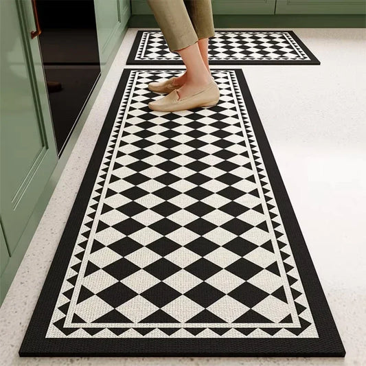 Mat for Kitchen Carpet Waterproof PVC Long Floor Mats Leather Oil Proof Anti-slip Carpets Black White Plaid Home Decoration Rug