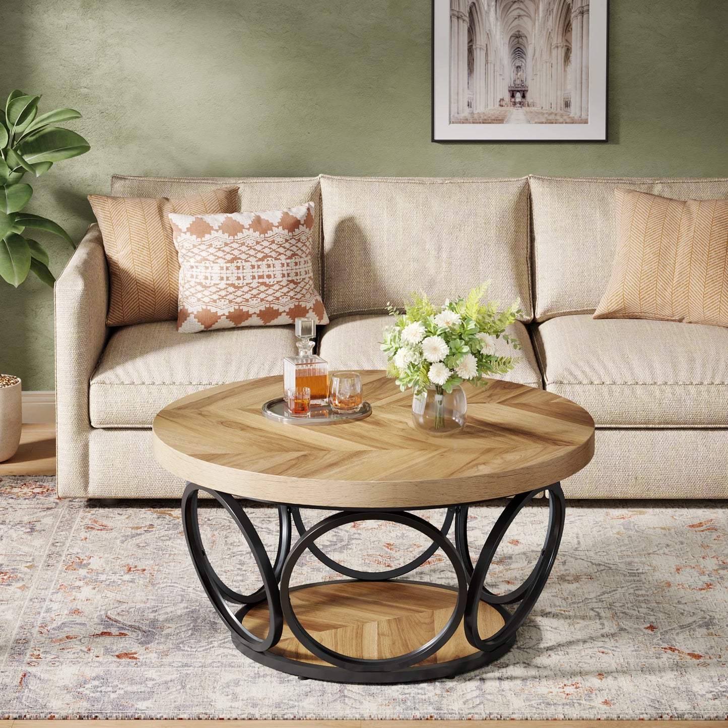 Round Coffee Table with Storage Shelves - 31.7" Industrial 2-Tier Circle Table