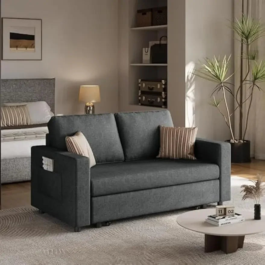 w/Pull-Out Trundle Bed Sleeper Sofa Convertible Couch for Limited Spaces Living Room Bedroom Guest Room Dark Gray 55.5 in