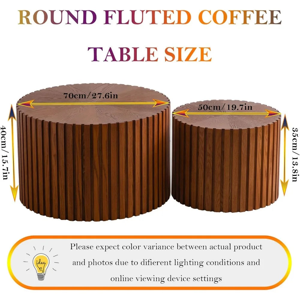 Handcraft Round Nesting Coffee Table - Chic Wave Stripe Edge, Modern Stylish Walnut Wooden Circle Fluted Center Table for Living