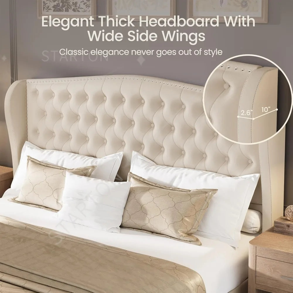 King Size Velvet Upholstered Platform Bed with Wingback Headboard and Footboard