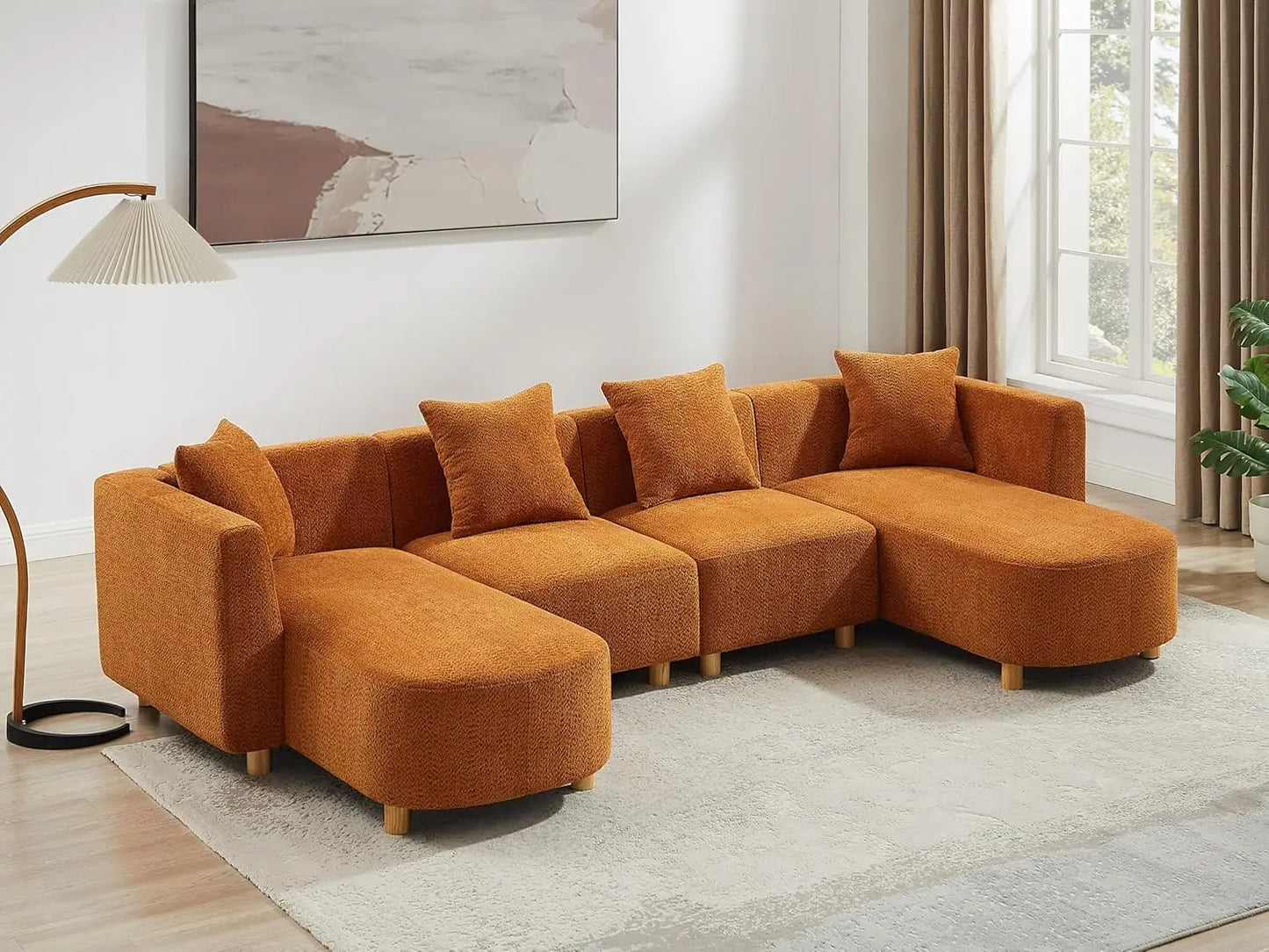 113" Sectional Sofa with 4 Pillows, U-Shaped 4-Seater Comfy Boucle Cloud Couch, Modern Double Chaises Lounge Sofas for Living
