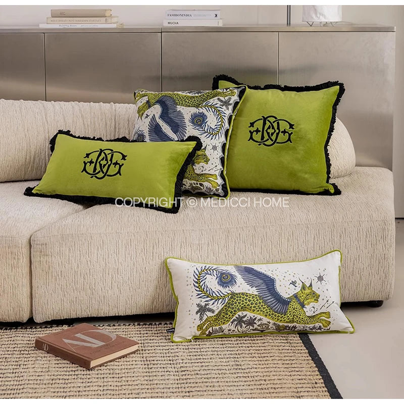 Medicci Home Luxury Monogrammed Lumbar Cushion Cover Green Brush Fringe Monogram Accent Throw Pillow Case Personalized Gifts
