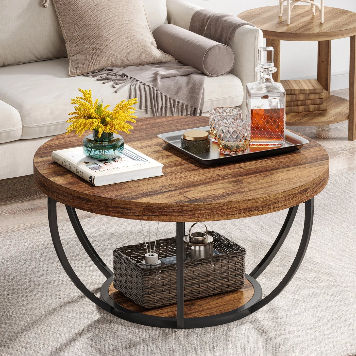 Round Coffee Table with Storage Shelves - 31.7" Industrial 2-Tier Circle Table