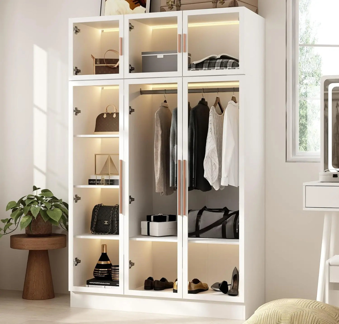 Wardrobe Cabinet with LED Lights, Armoire Closet , Wooden Large Wardrobe with Hanging Rod & 5 Tiers Shelf, White 47.2" W