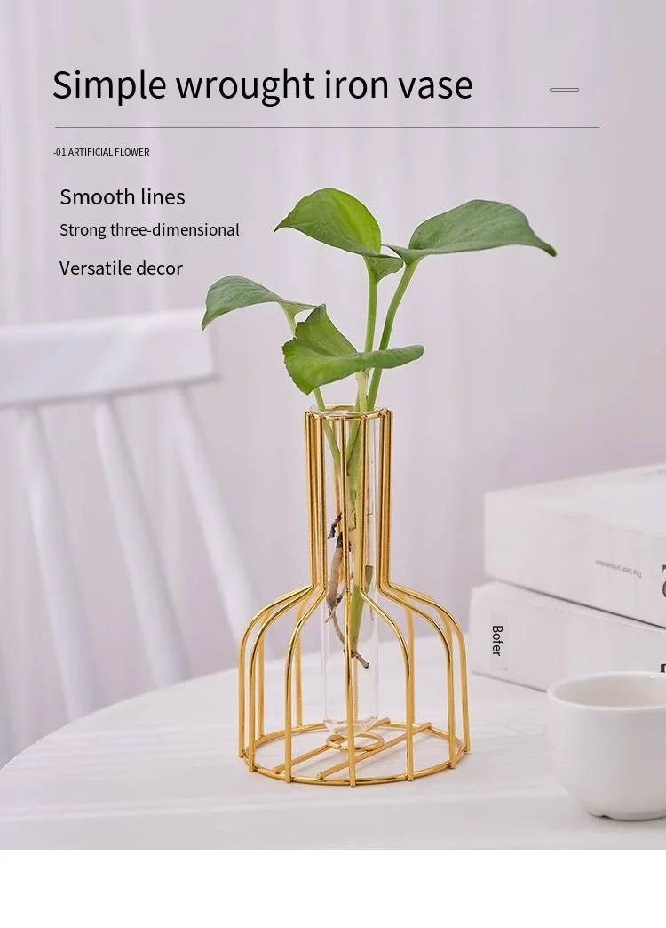 1 set of gold wrought iron metal vase hydroponic container test tube vase living room illustration decoration