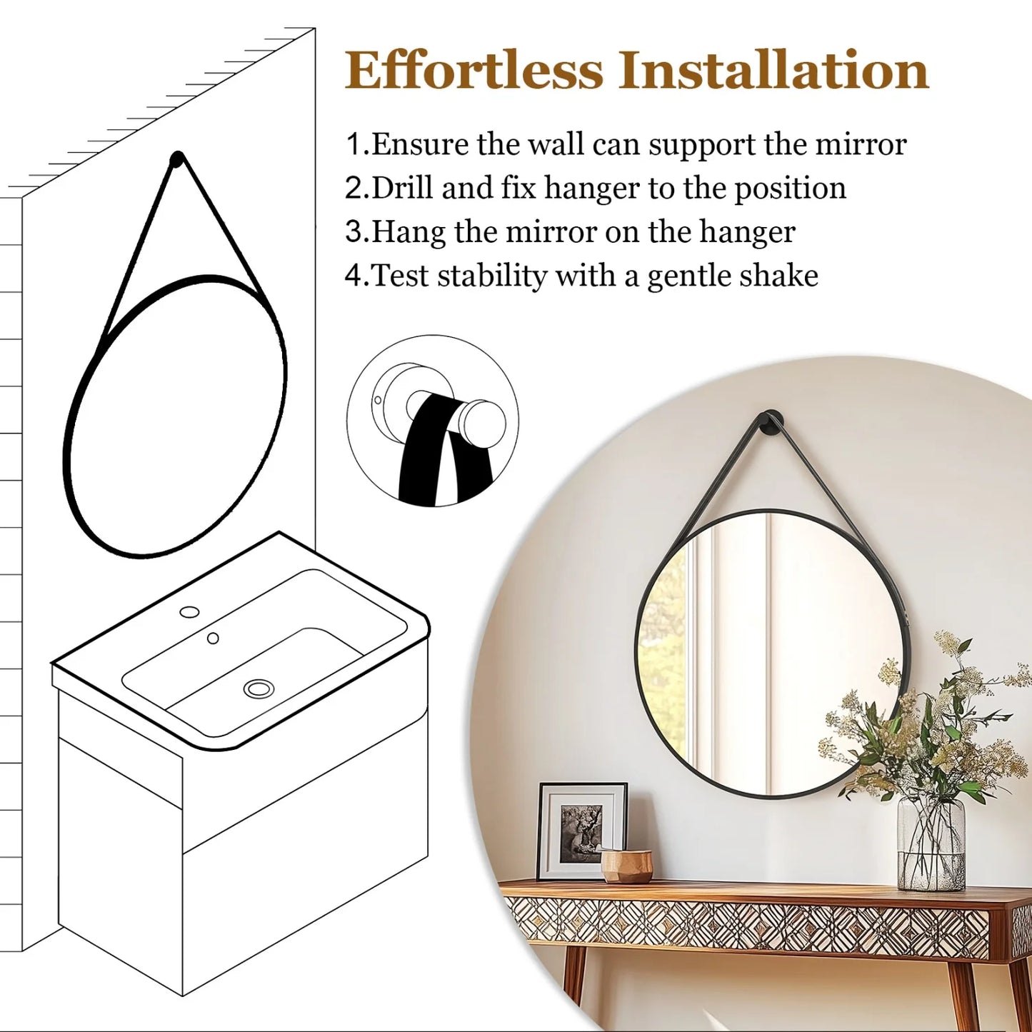 Round Wall Mirror with Brushed Aluminum Frame and Leather Strap - 60/70/80cm