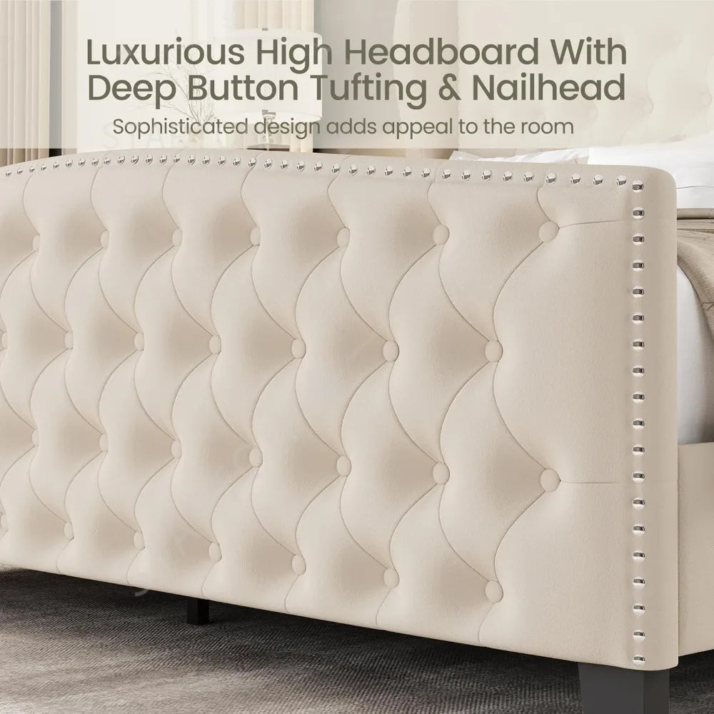 King Size Velvet Upholstered Platform Bed with Wingback Headboard and Footboard