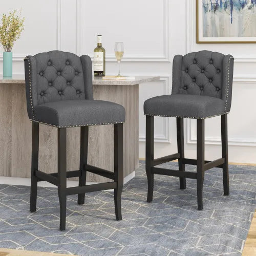 Tufted Wingback Bar Stools Set of 2 - 31 Inch Counter Height Chairs in Charcoal Fabric