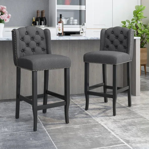 Tufted Wingback Bar Stools Set of 2 - 31 Inch Counter Height Chairs in Charcoal Fabric