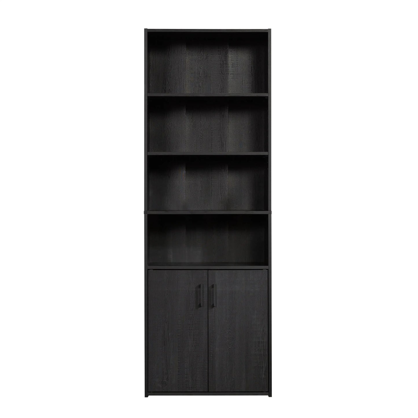 Traditional 5 Shelf Bookcase with Doors, Black Finish