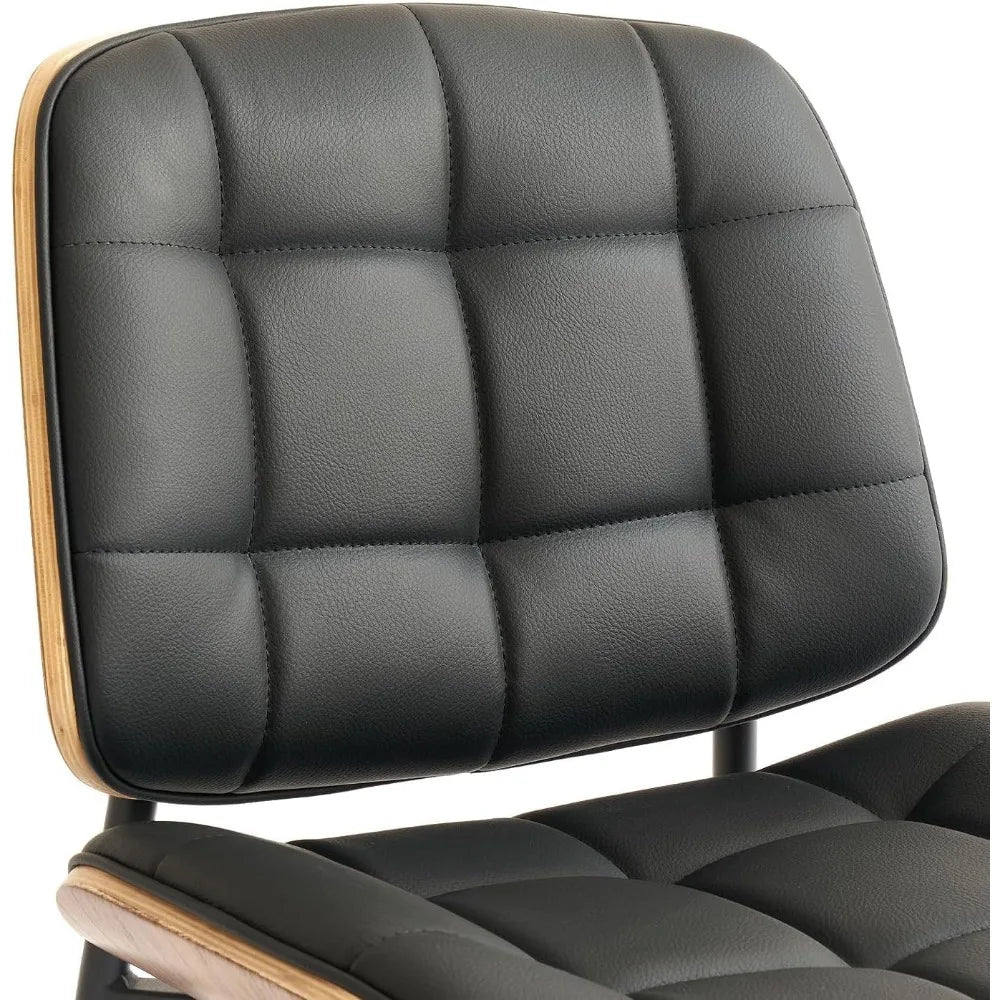 Mid Century Modern Dining Chairs with Walnut Grain Back, Black Faux Leather Dining Room Chairs Set of 2, Checkered Soft Cushion