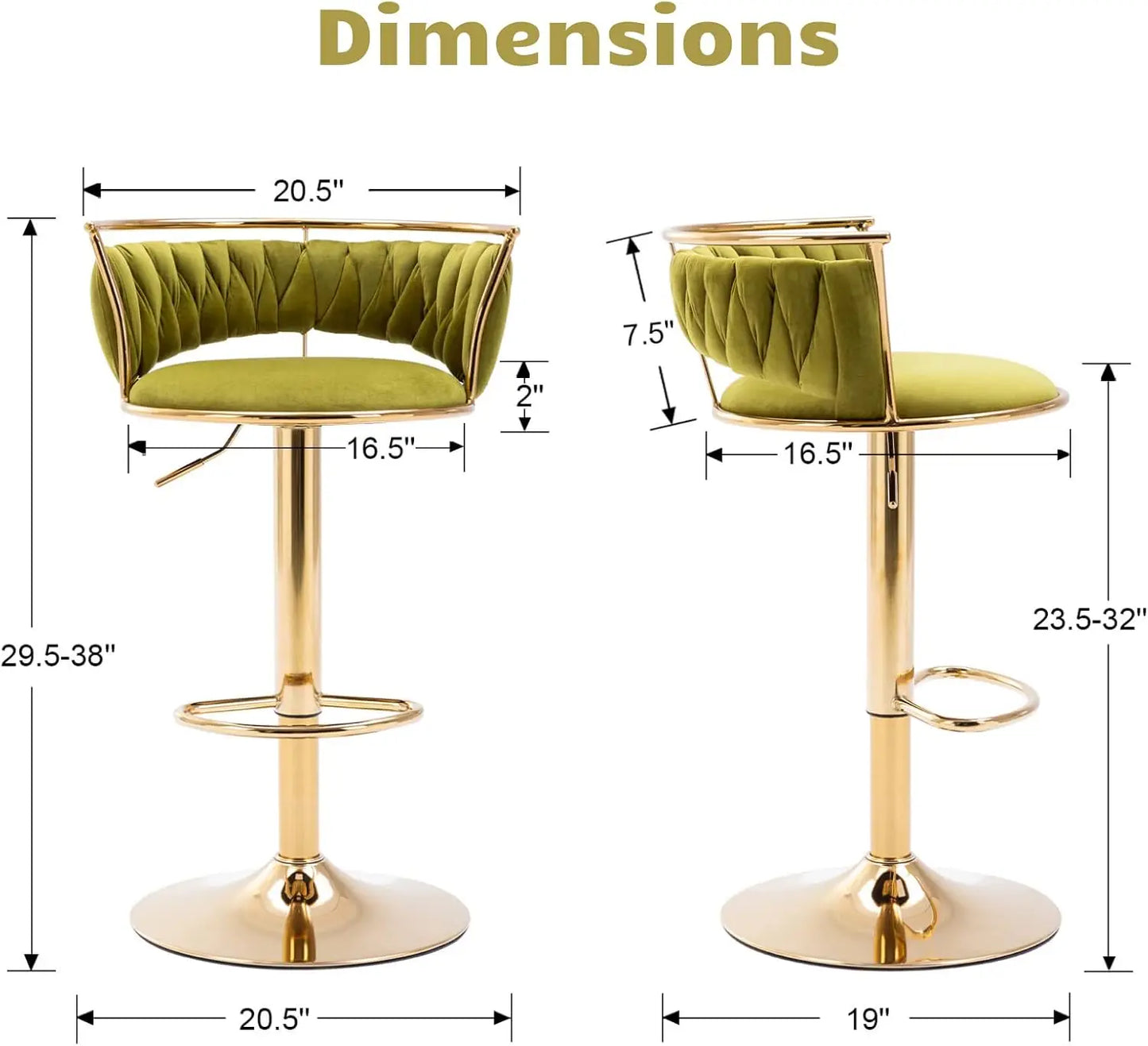 Woven Bar Stools Set of 2, Adjustable Counter Height Velvet Swivel Kitchen Stools with Back, Green
