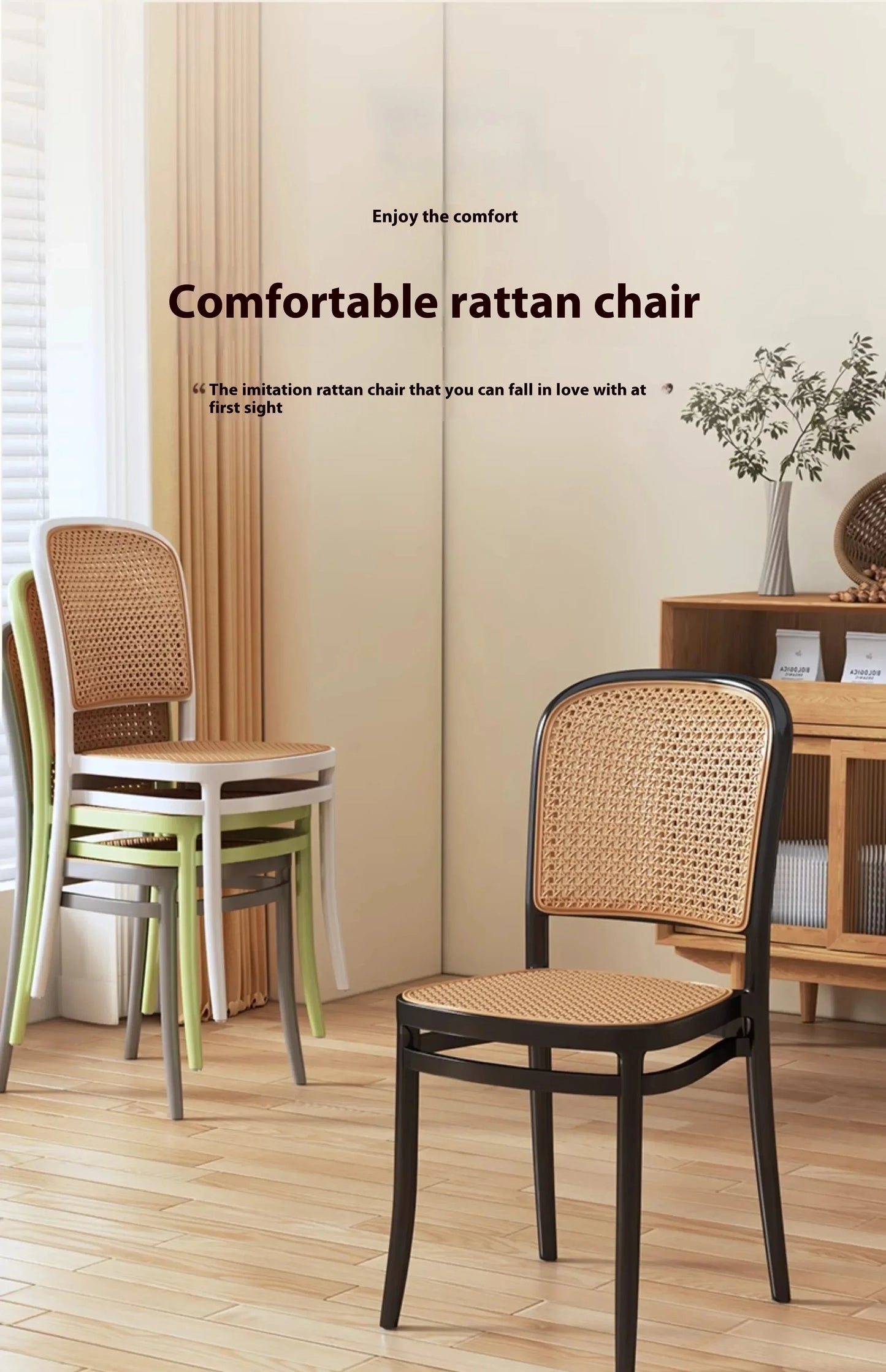 Black Rattan Dining Chair with Natural Cane Webbing and Cushion