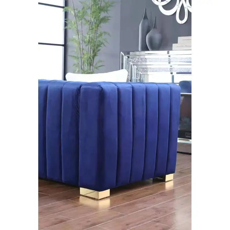 Velvet Sofa: Channel Tufted 3-Seat with Gold Base in Navy Blue