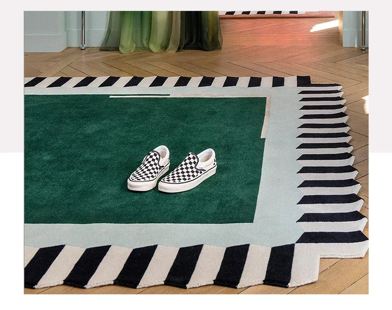 Geometric Colour Block Area Rug - Black and White Striped Border - Multiple Colours