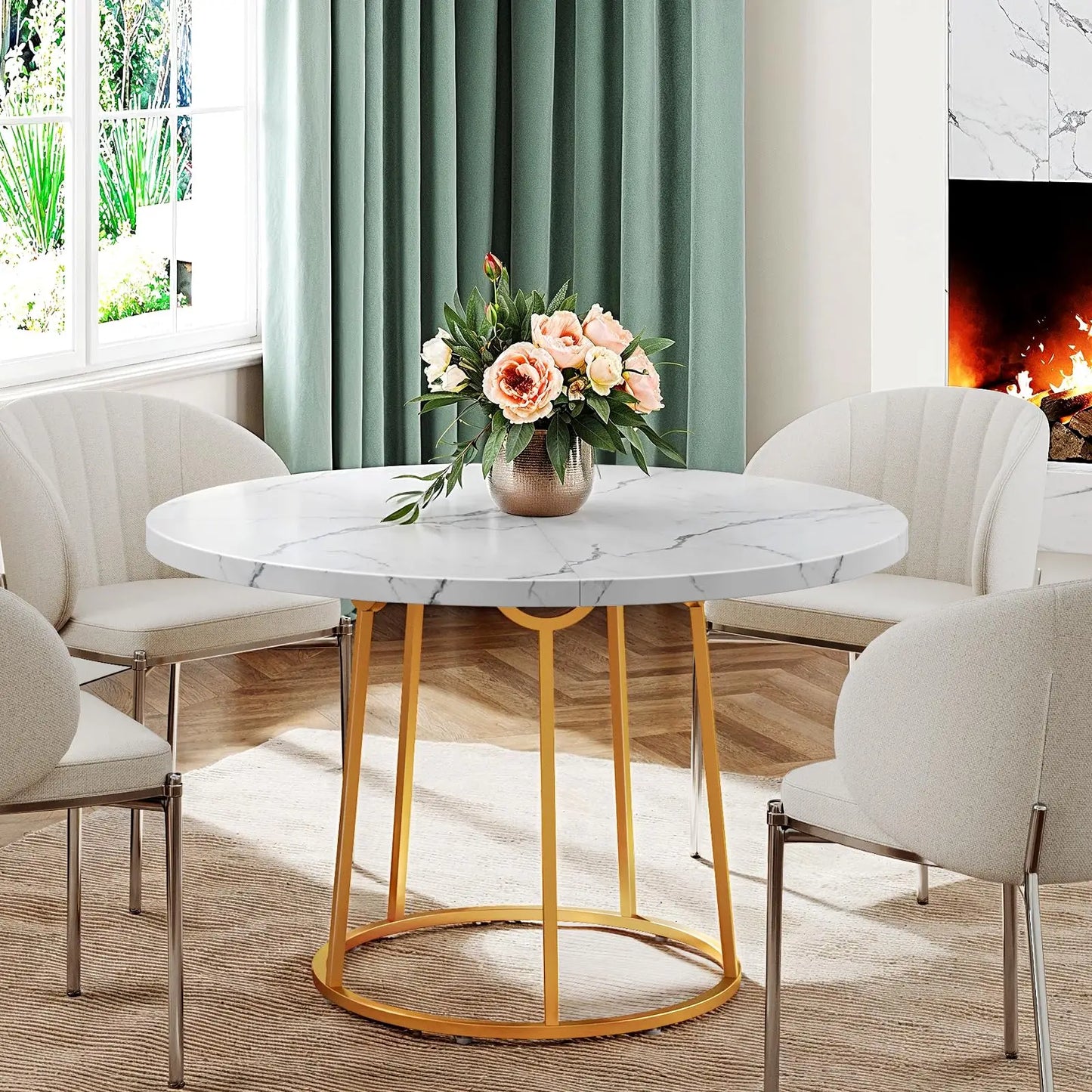 47.24 Inch Round Dining Table Kitchen Table for 4 People Wooden Marble Pattern Dinner Room Table with Gold Base for Home office