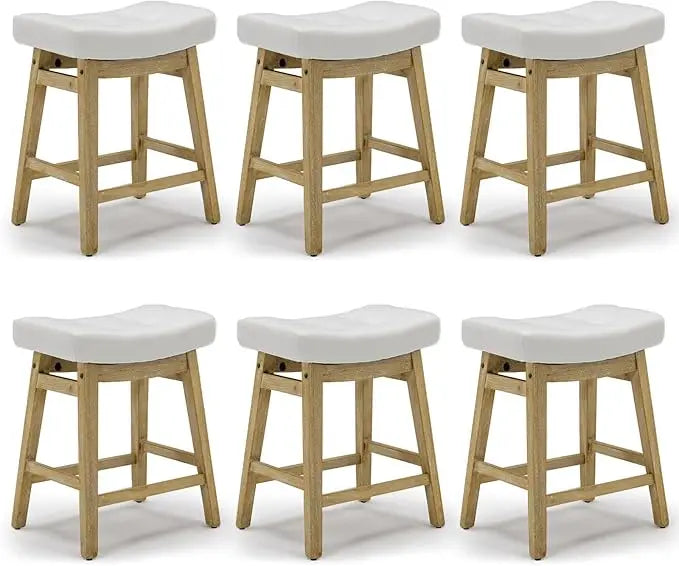 Counter Height Bar Stools Set of 3, Barstools with Upholstered Leather Saddle Seat and Solid Wood Legs 24 Inch Kitchen