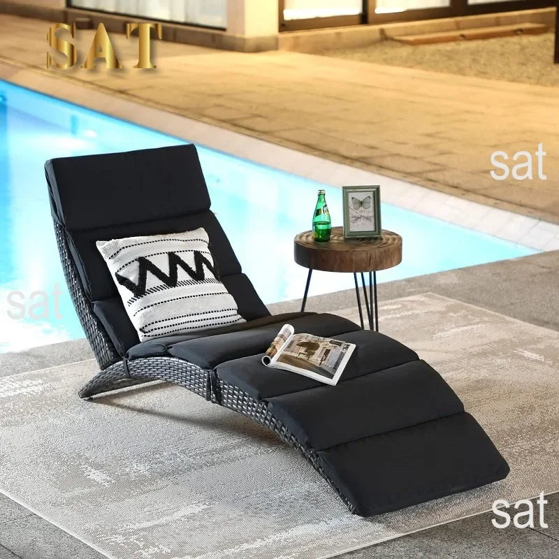 t Patio Chaise Lounge, Outdoor Lounge Chair, PE Rattan Foldable Chaise Lounger with Removable Dark Gray Cushion, Suitable