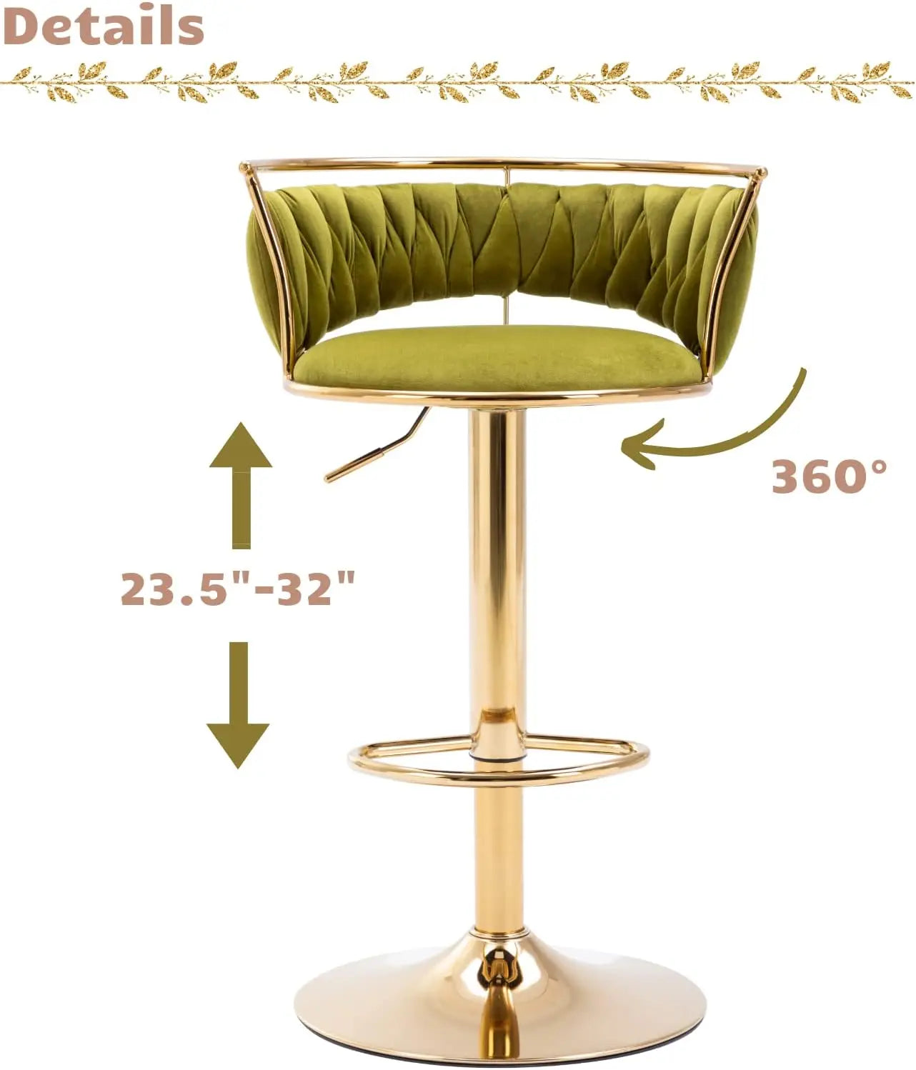 Woven Bar Stools Set of 2, Adjustable Counter Height Velvet Swivel Kitchen Stools with Back, Green