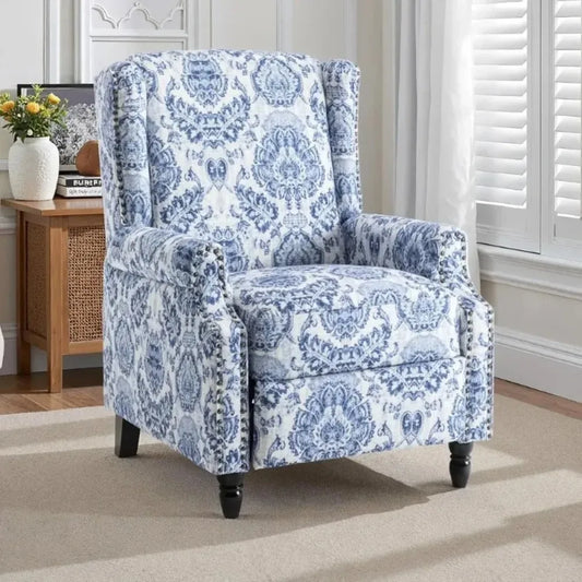 Pushback Recliner Chair, Floral Fabric Wingback Recliner Chair, Upholstered Armchair Push Back Recliner, Rivet Trim S
