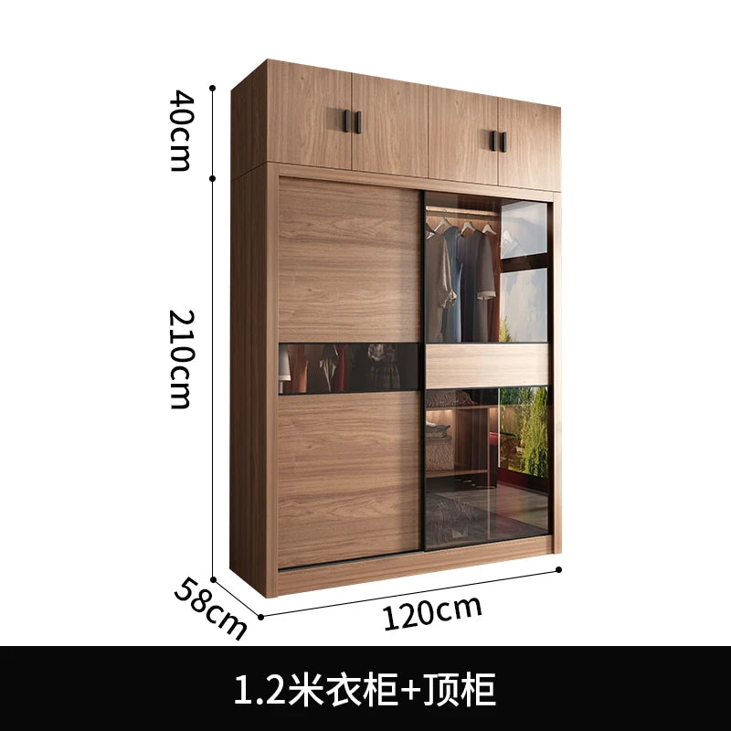 Nordic Wardrobe Bedroom Simple Glass Sliding Door Walnut Color Cabinet Sliding Door Wardrobe