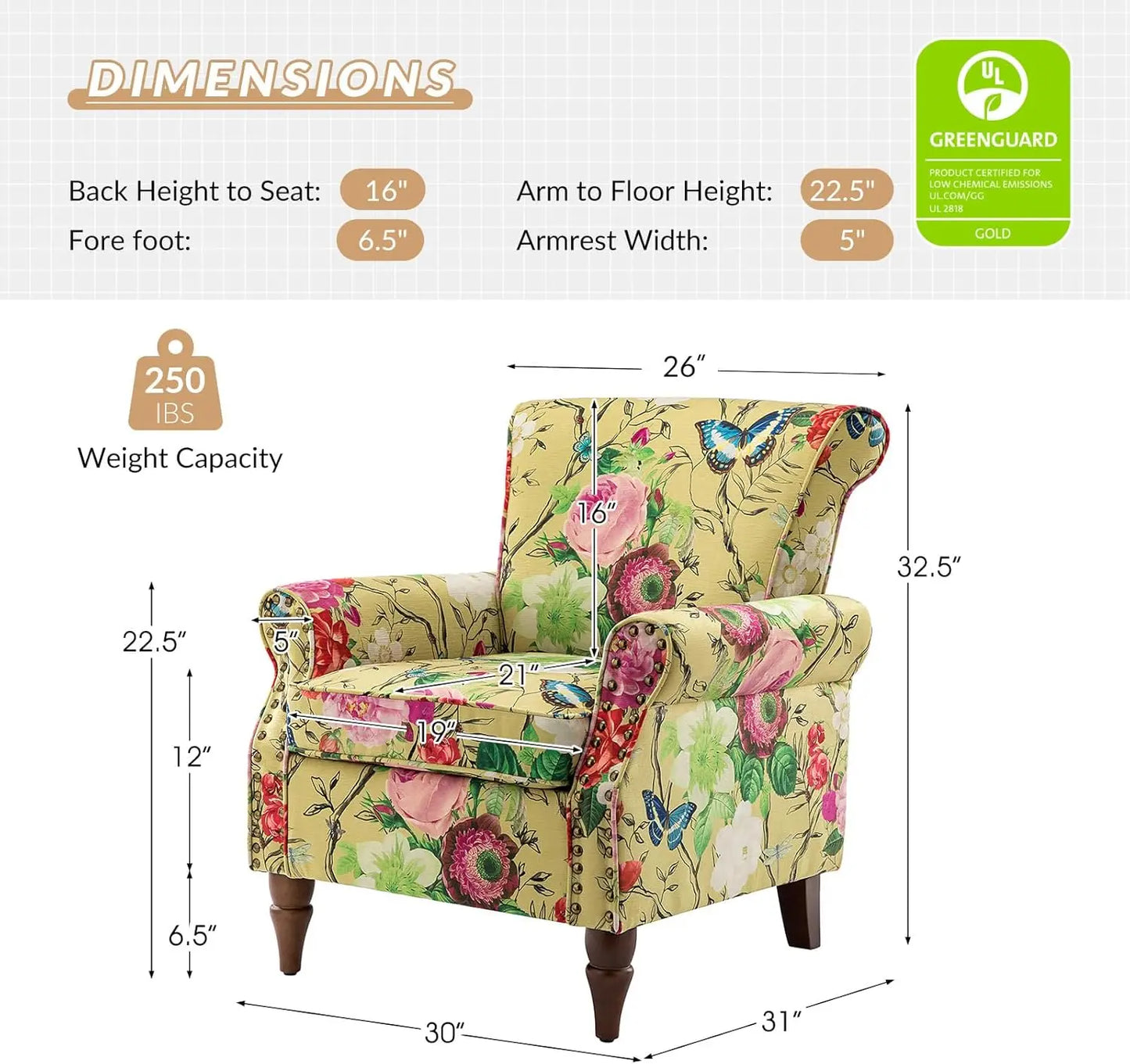 Elegant Wingback Accent Chair with Wood Legs and Removable Cushion for Living Room Bedroom