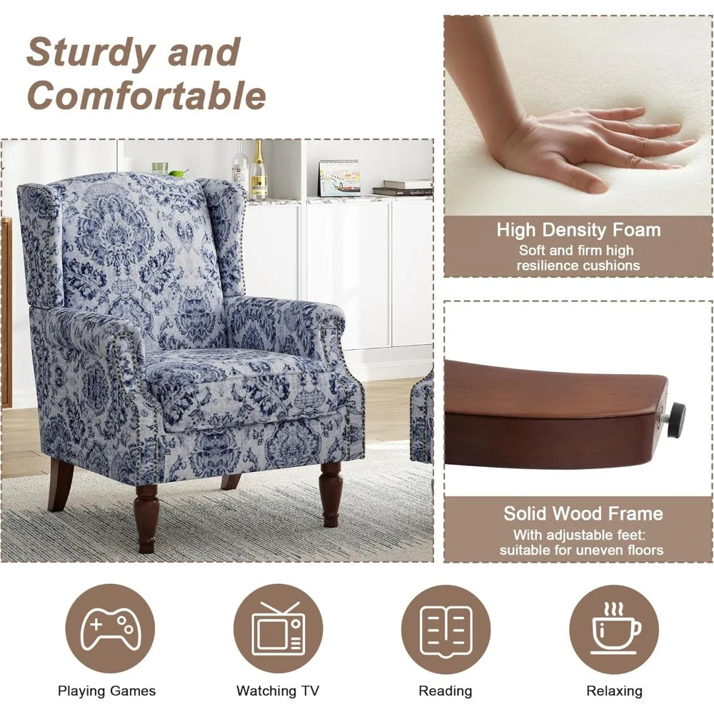 Floral-Patterned High-Back Wingback Chair with Upholstered Arms, Nailhead Trim, and Solid Wood Legs for Living Spaces