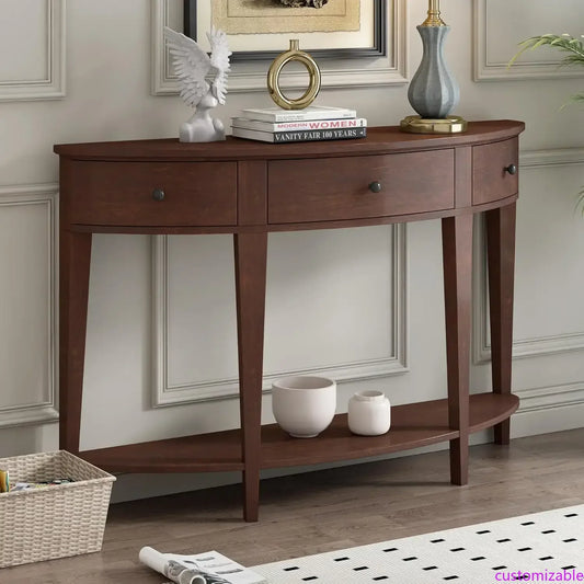 Curved Design Console Table Sofa Table with Sturdy Solid Wood Frame, 3 Storage Drawers and Bottom Shelf for Hallway Entryway