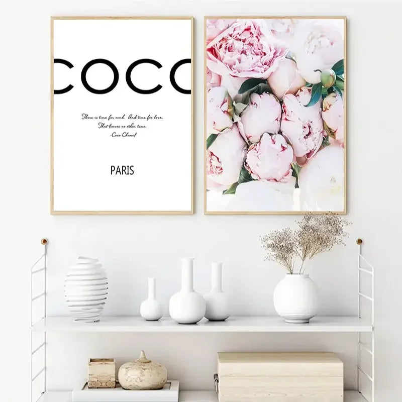 Pink Peonies & Coco Paris Quote Canvas Wall Art Print Set