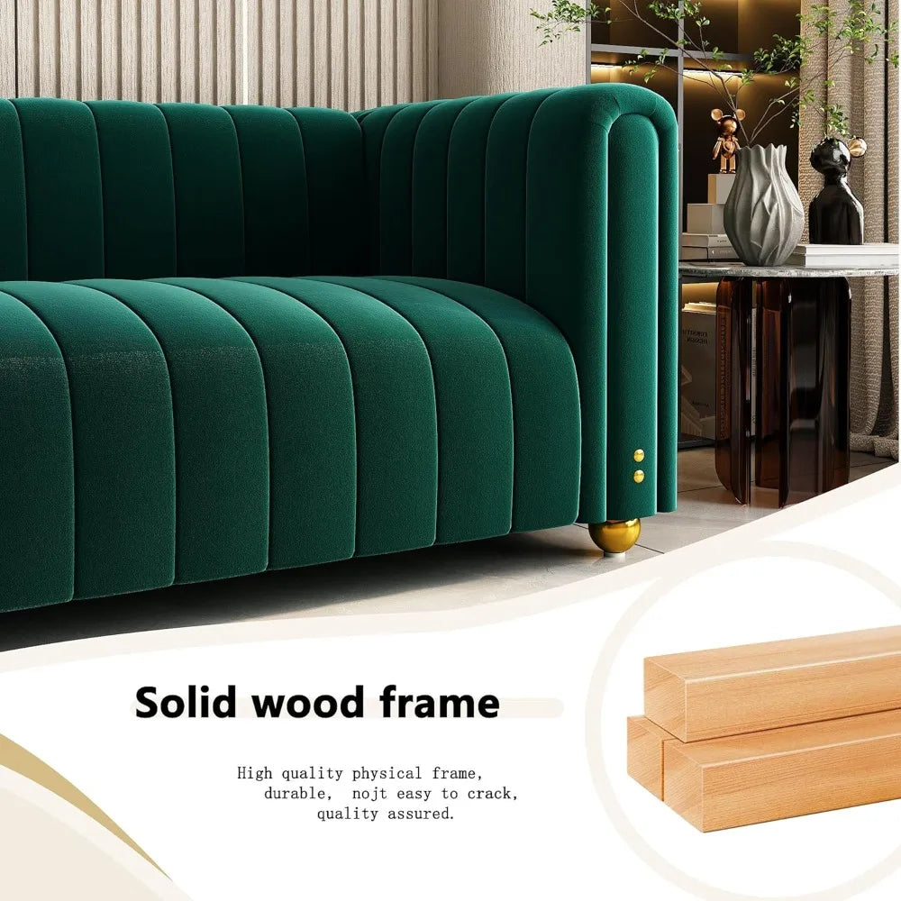 Velvet Sofa 81": Channel Tufted 3-Seat with Gold Legs for Living Room