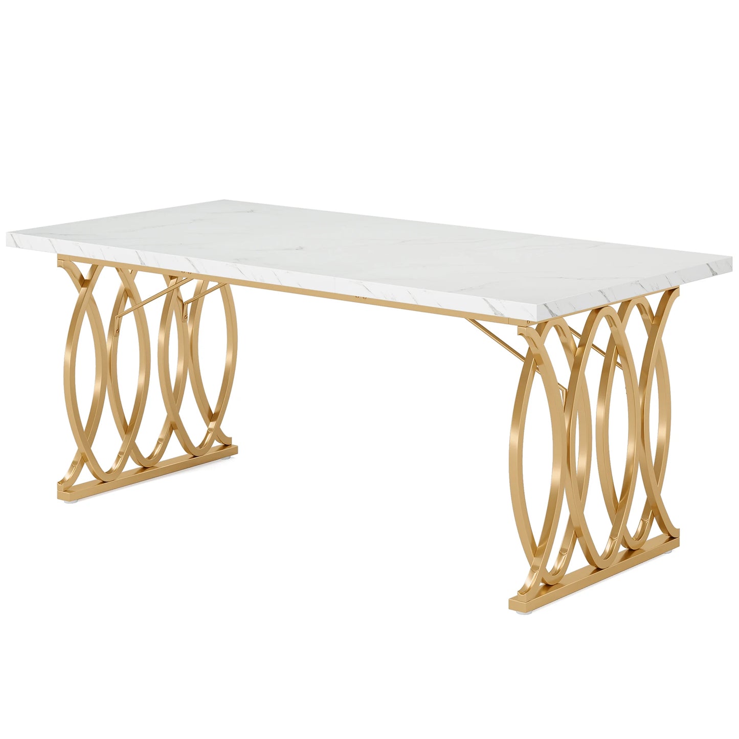 Executive Desk 63" - Modern White and Gold Office Desk with Geometric Base, Conference Table for Home Office