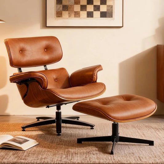 Mid-Century Modern Lounge Chair and Ottoman Set, Classic PU Leather Upholstery, Walnut Wood Trim, 360° Swivel, Ergonomic