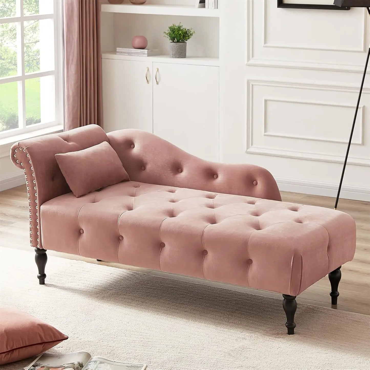 Modern Velvet Upholstered Chaise Lounge Indoor Button Tufted Chaise Lounge Chair with Solid Wood Legs Single Sleeper Sofa