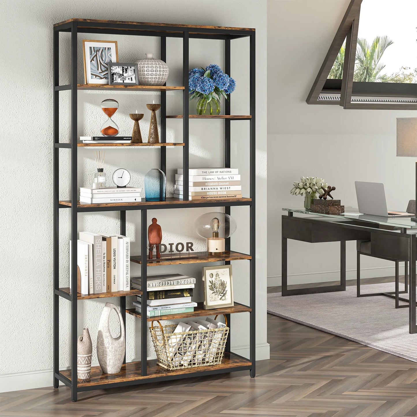 9-Tier Industrial Bookshelf, 79 Inches, 10 Cube Storage
