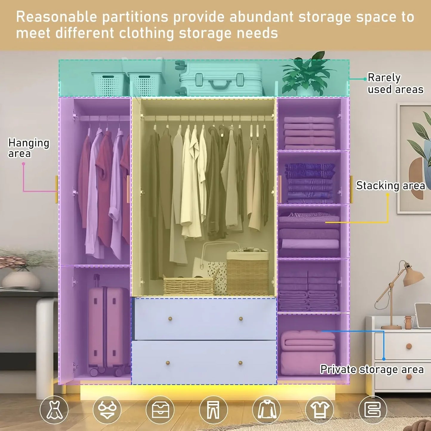 4 Door Wardrobe Closet with Mirrors and LED Lights, Bedroom Armoire with Drawers and Shelves, Modern Wooden Armoire Wardrobe