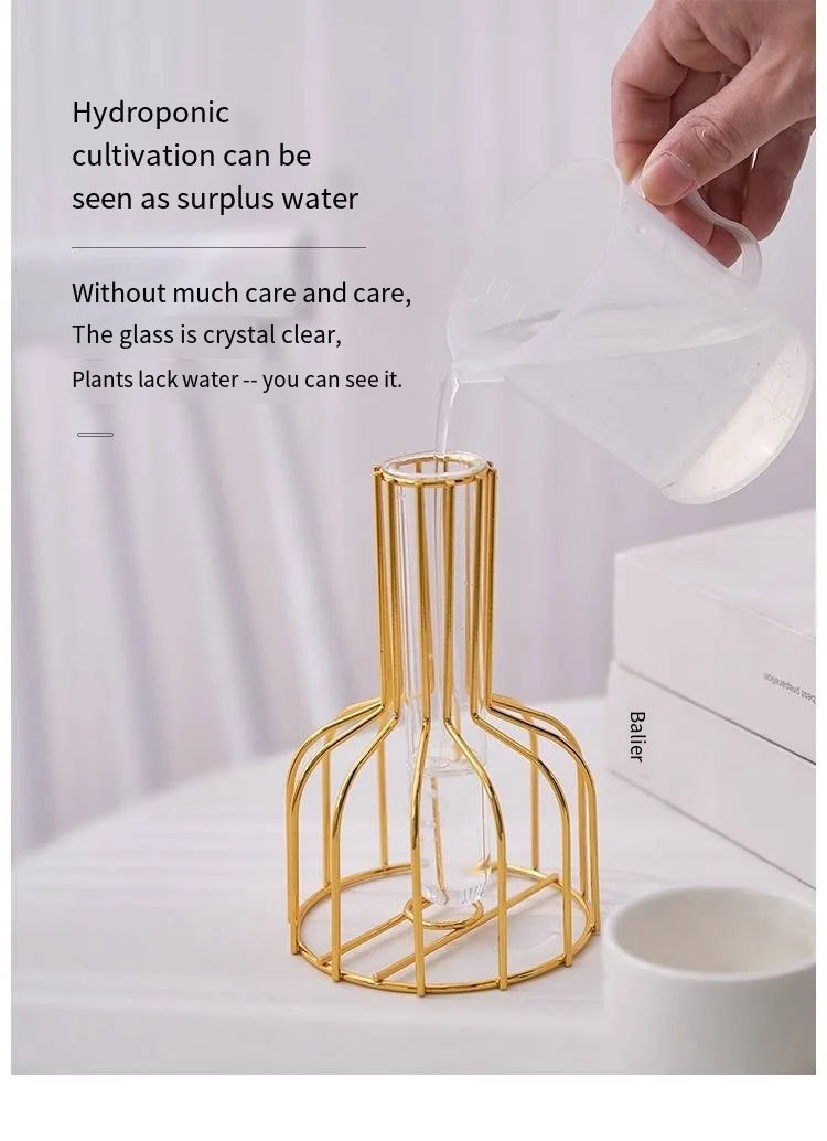1 set of gold wrought iron metal vase hydroponic container test tube vase living room illustration decoration
