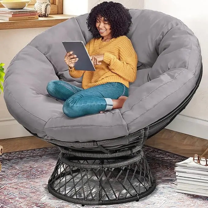 Oversized Rattan Papasan Chair with Cushions - 46" Swivel Adult Chair with Gray Frame and Black Cushions